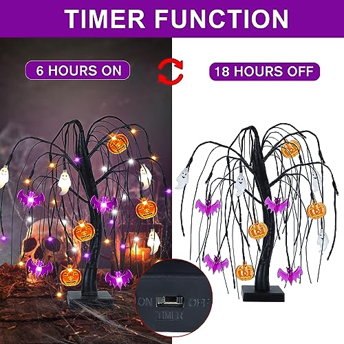 Halloween Willow Tree with LED Pumpkin Bat Ghost Lights - Orange, Purple, White - 18 Inch Spooky Indoor Decoration with Timer & USB/Battery Operated