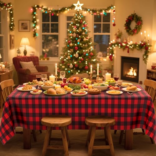 Red Black Checkered Disposable Plastic Tablecloth 2 Pack - 54 x 108 Inches, Buffalo Plaid Rectangular Cover for Party & Picnic - Variation: Red Black Plaid