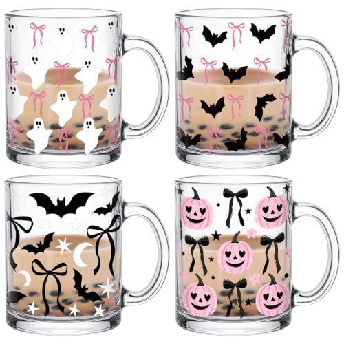 Halloween Coffee Mug Set Bat Design - Pink Bow, 12 oz Glass, Halloween Gift