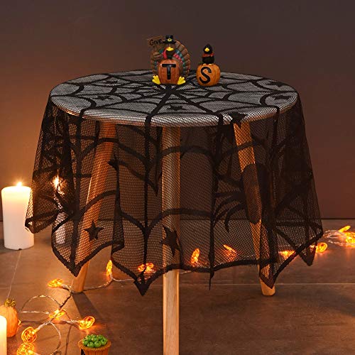 Halloween Spider Web Table Cover - Round Black Lace Tabletop Decoration