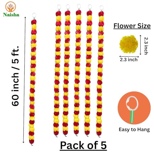 Artificial Marigold Garland 5Ft Red and Yellow Flower Decor Set - Party & Wedding