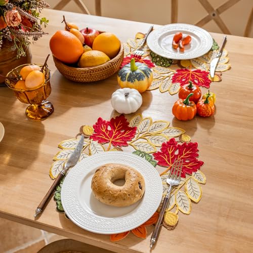 Thanksgiving Fall Placemat Set of 4 - Round Colorful Maple Leaves Table Decor