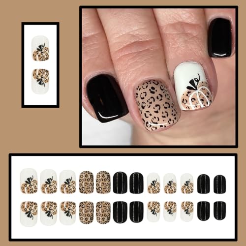 Autumn Press On Nails Short Square Fake Nails Leopard Pumpkin Design - Style 37