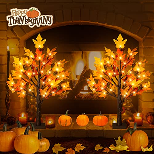 2-Pack 2FT Lighted Maple Tree Decor - Fall LED Thanksgiving Tabletop Lamp with 6 Acorns & Timer