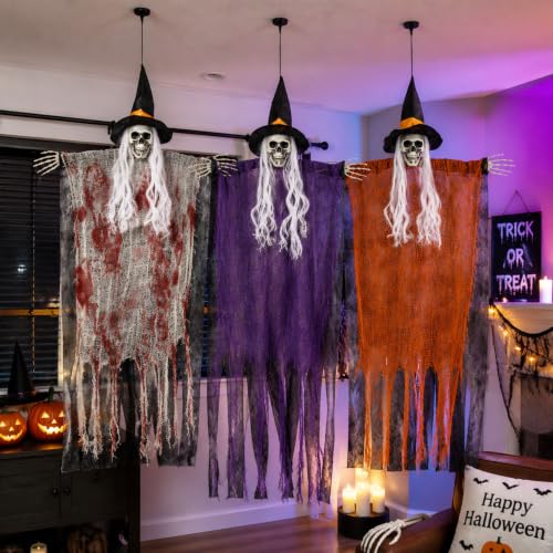 Halloween Skeleton Decorations Set - Red & Orange 43 Inch Hanging Spooky Decor with Poseable Arms for Porch Yard & Party