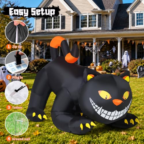 Outdoor Black Cat Inflatable Halloween Decoration with LED Lights, 6 FT