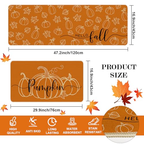 Fall Pumpkin Kitchen Rug Set of 2 - Autumn Decor Washable Non-Slip Mats