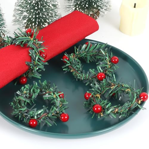 12Pcs Christmas Napkin Rings Pine Needle & Red Fruit Flower Holiday Decor
