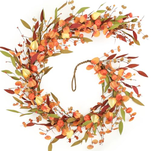 Fall Eucalyptus Pumpkin Leaves Garland - 6FT Autumn Autumnal Decor - Fall Garland with Sibling Variation