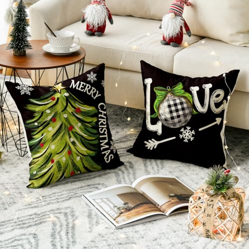 Black 20x20 Inch Christmas Throw Pillow Covers Set of 4 - Snowman Love Holiday Decor