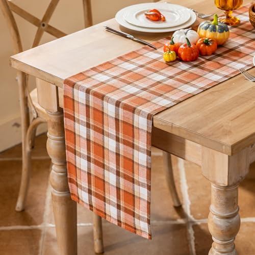 Joyfol Day Rust Tartan Table Runner 13x108 Inch Fall & Halloween Decor - Washable & Scratch-Proof