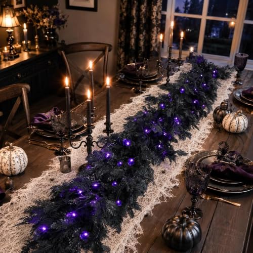 Black 9FT Pre-Lit Halloween Garland with Lights for Indoor Outdoor Decor