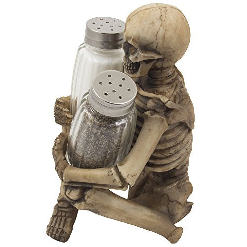 Spooky Skeleton Salt and Pepper Shaker Set with Decorative Stand for Halloween Kitchen Decor