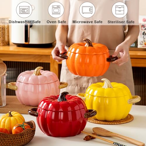 Pink Pumpkin Soup Bowl 64oz Ceramic Pumpkin Pot with Lid - Holiday Themed Serveware