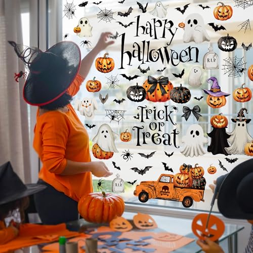 Halloween Pumpkin Window Clings - Spooky Ghost Bats Spiders Decals for Home & Party Decor, 9 Sheets