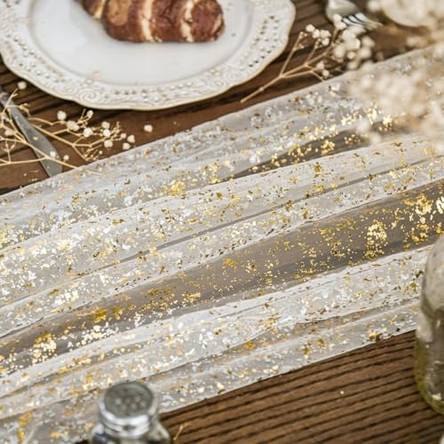 6Pcs 28x120 Inch Beige Gold Gauze Table Runner Set for Wedding & Party Decor