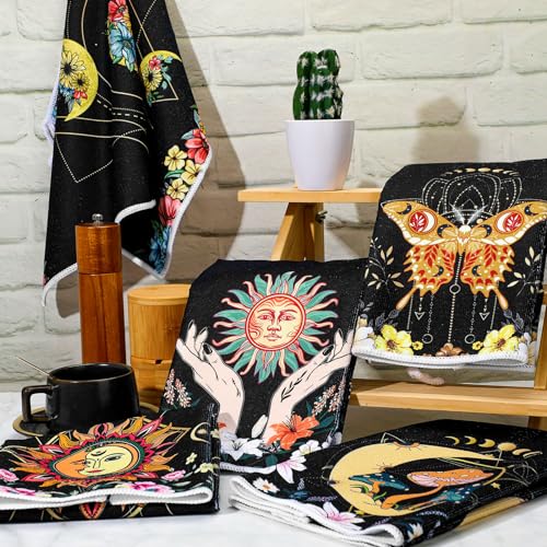 Moon Witchy Kitchen Towels Set of 6 - Boho Farmhouse Microfiber Dish Cloths