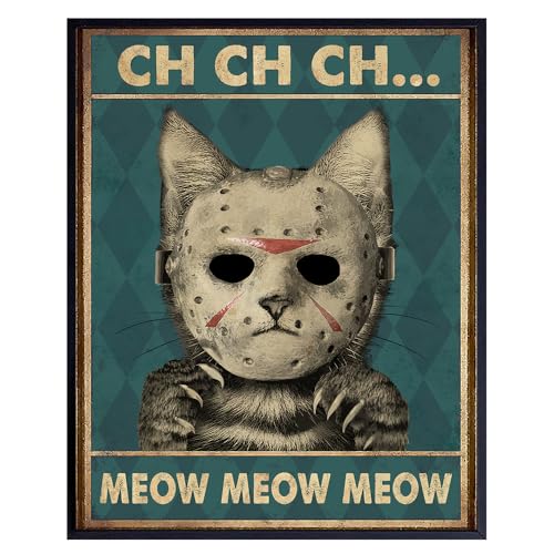 14x11 Framed Cute Cat Horror Movie Poster - Kitty Wall Art for Halloween Decorations