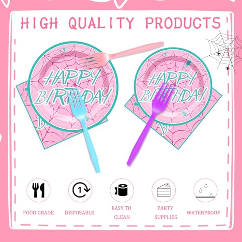 Pink Spider Web Birthday Tableware Set 96 pcs - Happy Birthday Variation