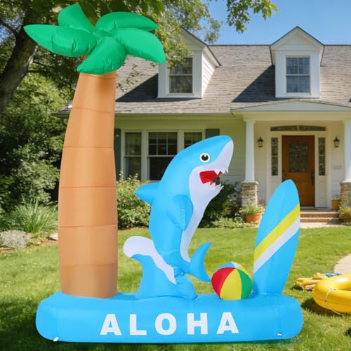 Inflatable Shark Pool Decor with Palm Tree & LED Lights - Summer Yard Decoration