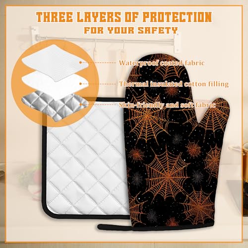 Halloween Spider Web Oven Mitts and Pot Holders Set - Heat Resistant Kitchen Decor, 4 Piece Halloween Kitchen Accessories