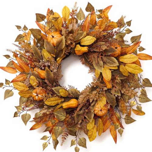 Fall Front Door Wreath 26 Inch Artificial Harvest Wreath with Maple Leaves and Pumpkins - Farmhouse Autumn Decor