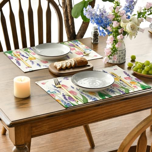 Lavender Tulip Floral Placemats Set of 12, 12x18 Inch Rectangular Seasonal Table Decor