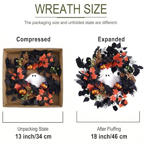 Halloween Ghost Wreath with Lights 20 Inch Front Door Decor - Spooky & Playful