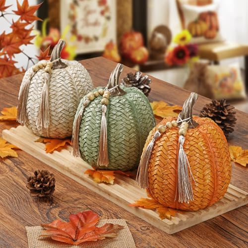 Fall Pumpkin Decor Set - 3 Pack Woven Resin Oranges, Whites & Greens for Autumn Thanksgiving Halloween