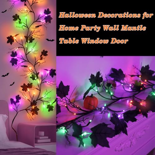 9FT LED Halloween Garland with Purple, Green & Orange Lights, Black Leaves, Battery Operated