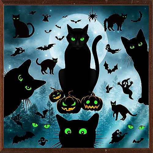 Halloween Window Clings Set - Black Cat, Pumpkin, Bats, Spiders Glow in Dark Decorations
