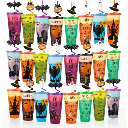 24 Pack Color Changing Halloween Cups with Lids & Straws - 24 oz Reusable Party Tumblers