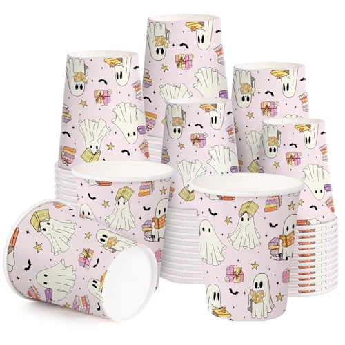 White Ghost and Book Halloween Paper Cups 9oz - 50 Pack Disposable Drinkware