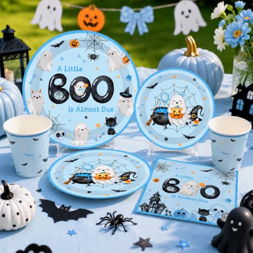 Halloween Baby Shower Decorations Set - 268Pcs Little Boo Is Almost Due Party Supplies for Boys