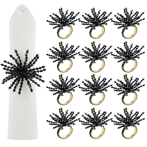 Beaded Napkin Rings Set of 12 - Black Glass and Metal Dining Accessories