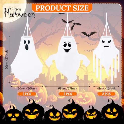 Halloween Ghost Windsocks Outdoor Decorations - Set of 6, 27 Inch White Flying Ghosts for Yard, Porch & Garden
