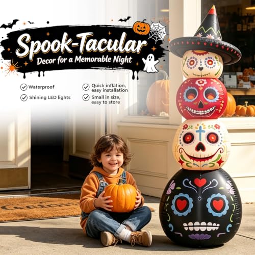 7 Ft Halloween Inflatable Decor with LED Lights, Day of the Dead Sugar Skull Tower