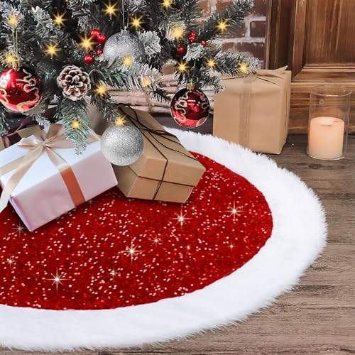 Sequin Christmas Tree Skirt 48 Inch with Faux Fur Edge - Red Holiday Decor