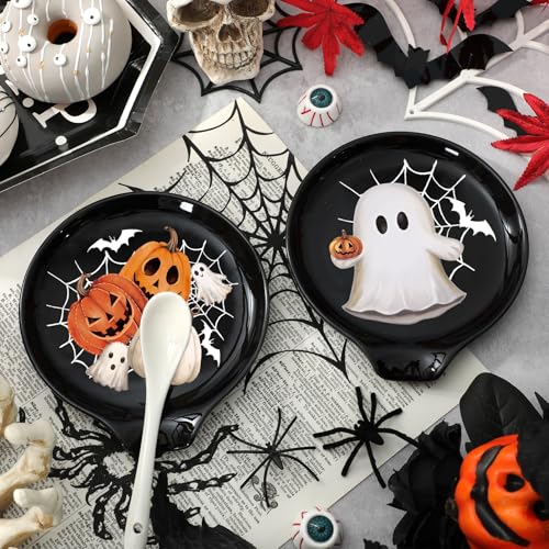 Halloween Ghost and Pumpkin Spoon Rest Set - Black White Orange Ceramic 2Pcs