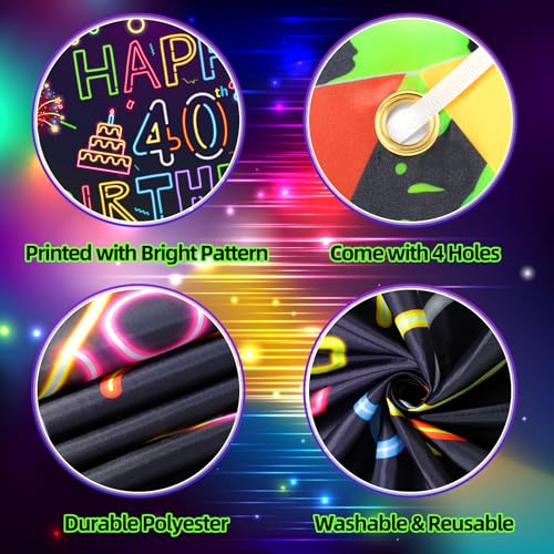 Neon 40th Birthday Banner - Glow in The Dark Party Decorations with UV Blacklight