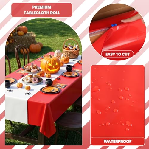 Heavy-Duty Plastic Tablecloth Roll 100FT x 54IN with Slide Cutter - White/Red Variation