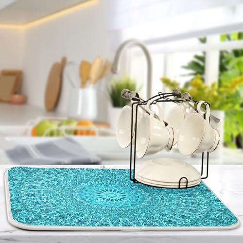 Super Absorbent Microfiber Dish Drying Mat - 24x18 Inches, Turquoise Mandala - Fast Drying Kitchen Pad with Hanging Loop
