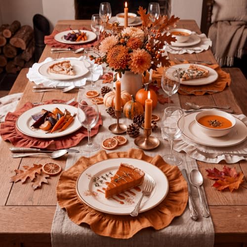 Orange Beige Round Fall Placemats Set of 6 - 15 Inch Ruffled Fabric Table Decor