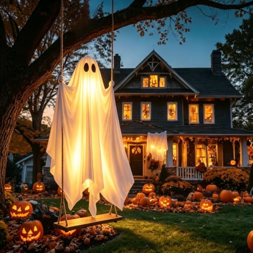 5 FT Hanging Ghost Halloween Decor with Witch Hat, LED Lights & Remote, Outdoor Indoor Yard Tree Porch Ornament - 1pc