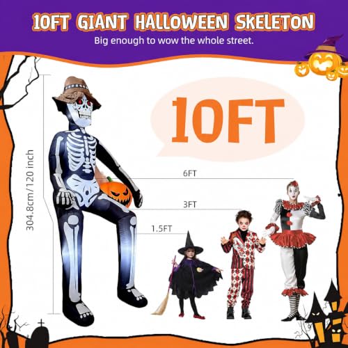 10FT Sitting Skeleton Halloween Inflatable with LED Lights - Outdoor Decor, Ghostly Skeleton with Pumpkin, Variation: Sitting Skeleton