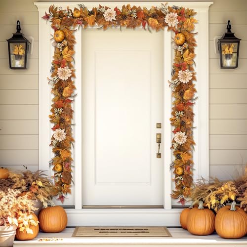 Fall Garland 6Ft Autumn Maples Leaves Pumpkins Berries Pine Cones Decor