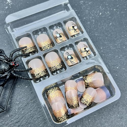Relief Spider Gem Halloween Glitter French Tip Press-On Nails - Short Square False Nails with Embossed Spider Charm - 24pcs