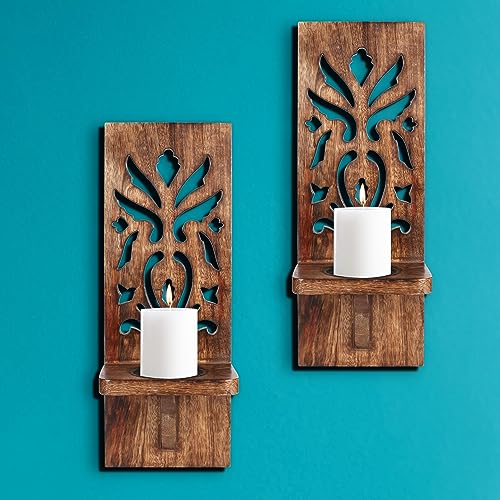Burnt Wood Wall Sconces Set of 2 - Rustic Carved Pillar Candle Holders, 16 Inch, Farmhouse Style