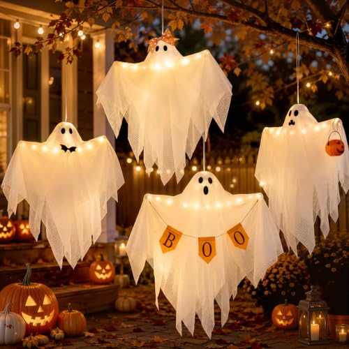 Lighted Hanging Ghost Decorations with Timer - Ghosts with Ornaments Halloween Set