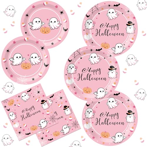 Pink Halloween Party Plates & Napkins Set for 48 Guests - Spooky Birthday Supplies